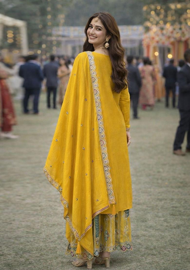 Yellow Embroidered Chinon Kurta Set - Indya