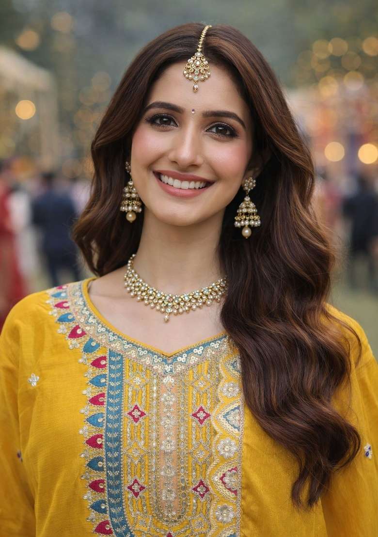 Yellow Embroidered Chinon Kurta Set - Indya