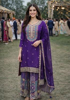Purple Embroidered Chinon Kurta Set