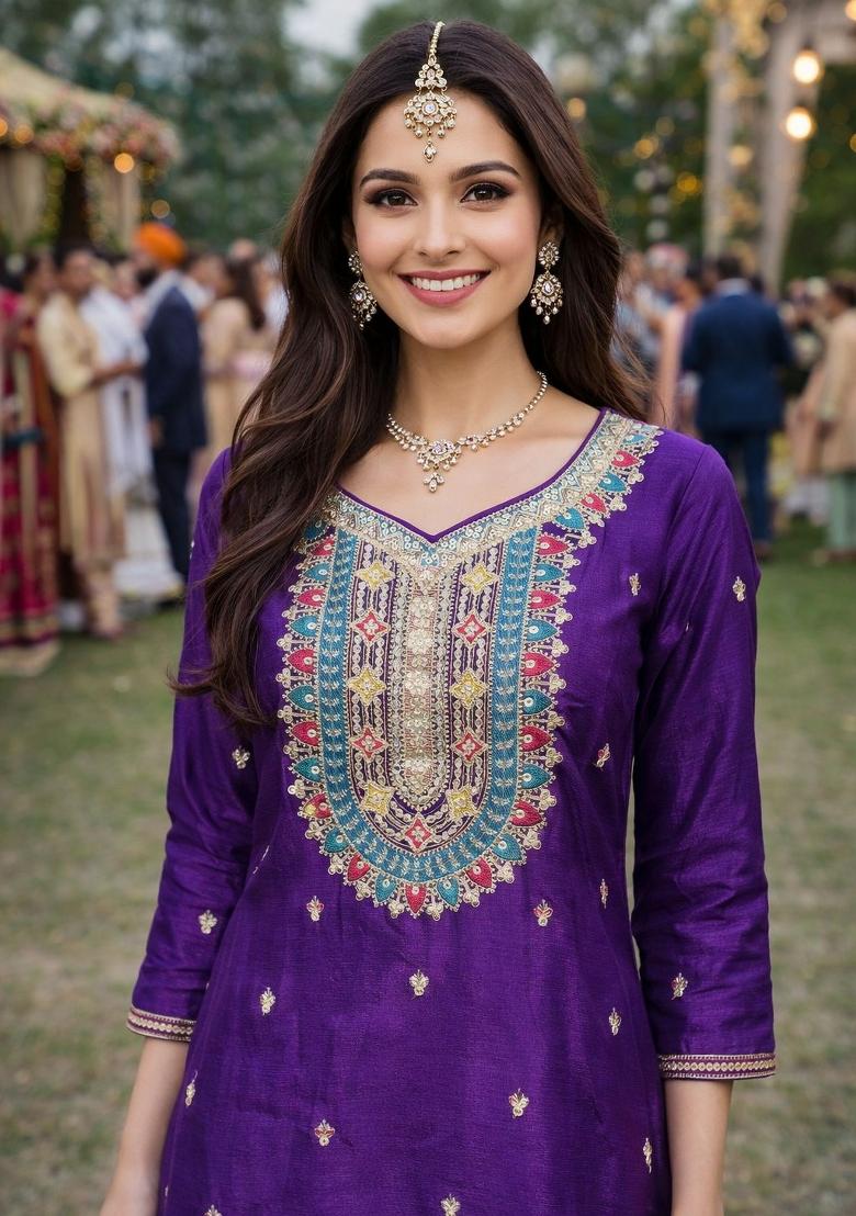 Purple Embroidered Chinon Kurta Set - Indya