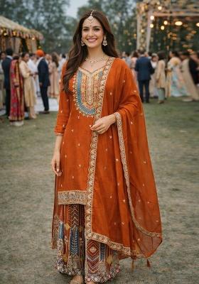 Orange Embroidered Chinon Kurta Set
