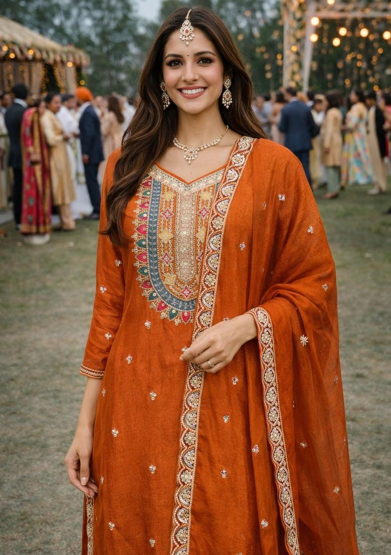 Orange Embroidered Chinon Kurta Set - Indya