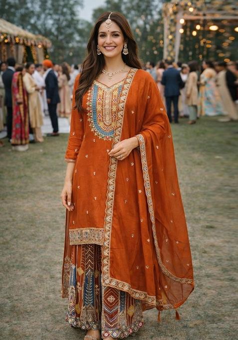 Orange Embroidered Chinon Kurta Set