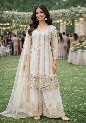 White Embroidered Chinon Kurta Set