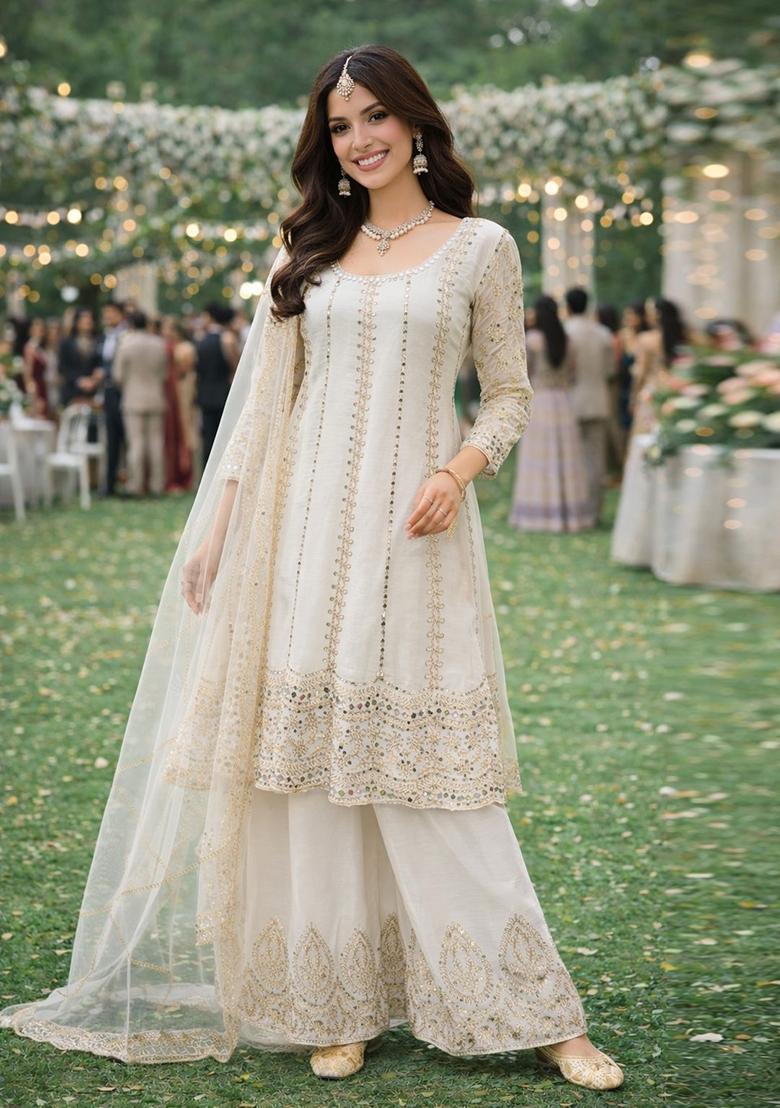 White Embroidered Chinon Kurta Set - Indya