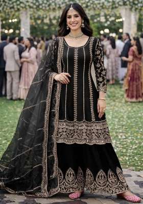 Black Embroidered Chinon Kurta Set