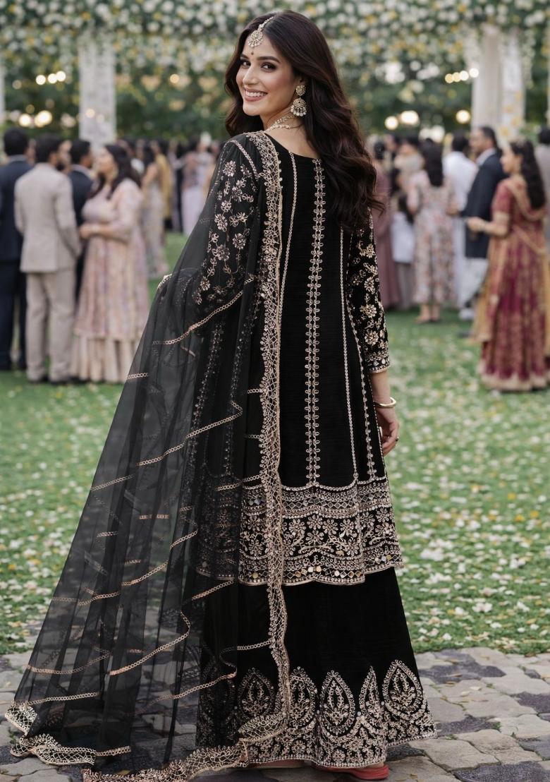 Black Embroidered Chinon Kurta Set - Indya
