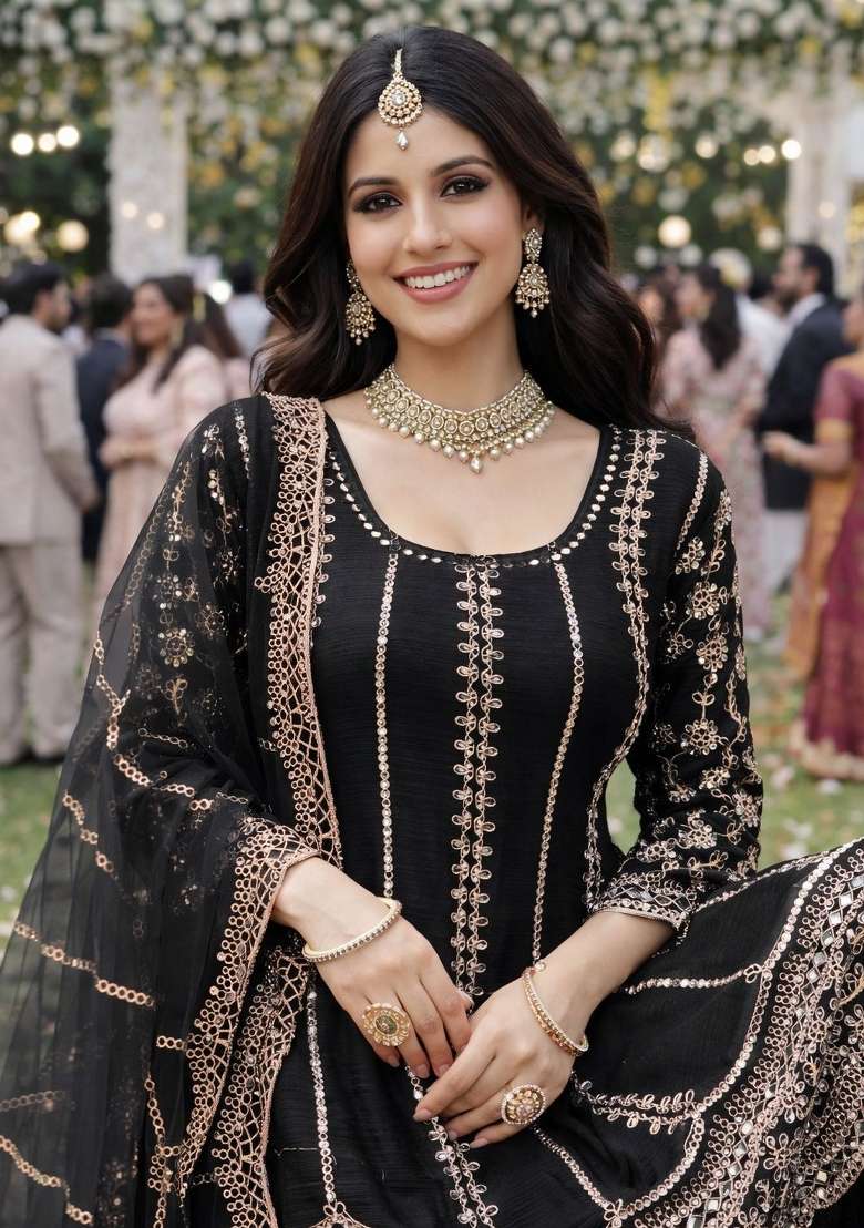 Black Embroidered Chinon Kurta Set - Indya