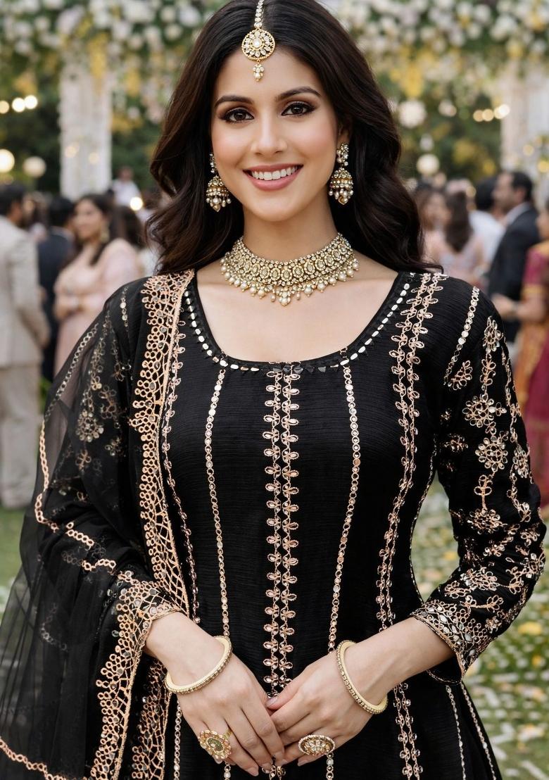 Black Embroidered Chinon Kurta Set - Indya