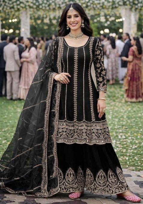 Black Embroidered Chinon Kurta Set