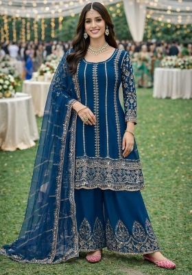 Blue Embroidered Chinon Kurta Set