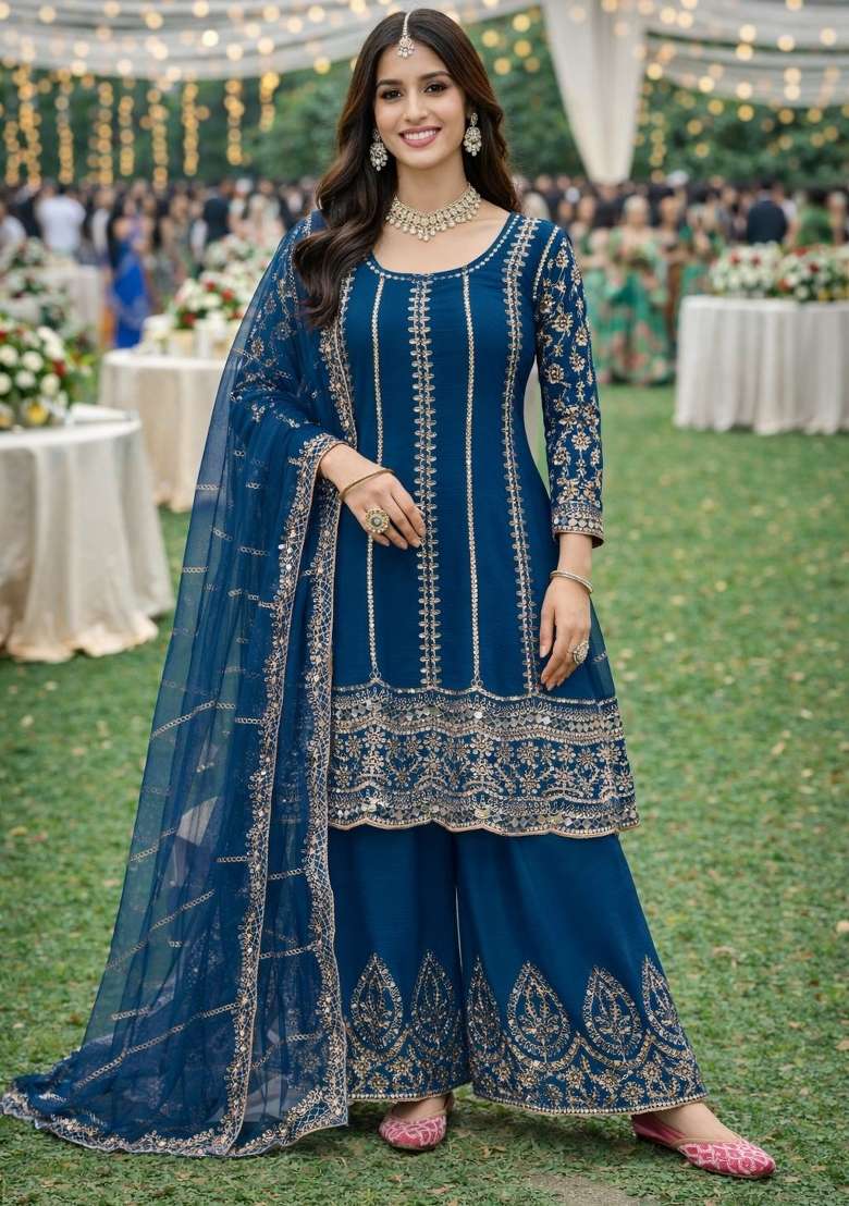 Blue Embroidered Chinon Kurta Set - Indya