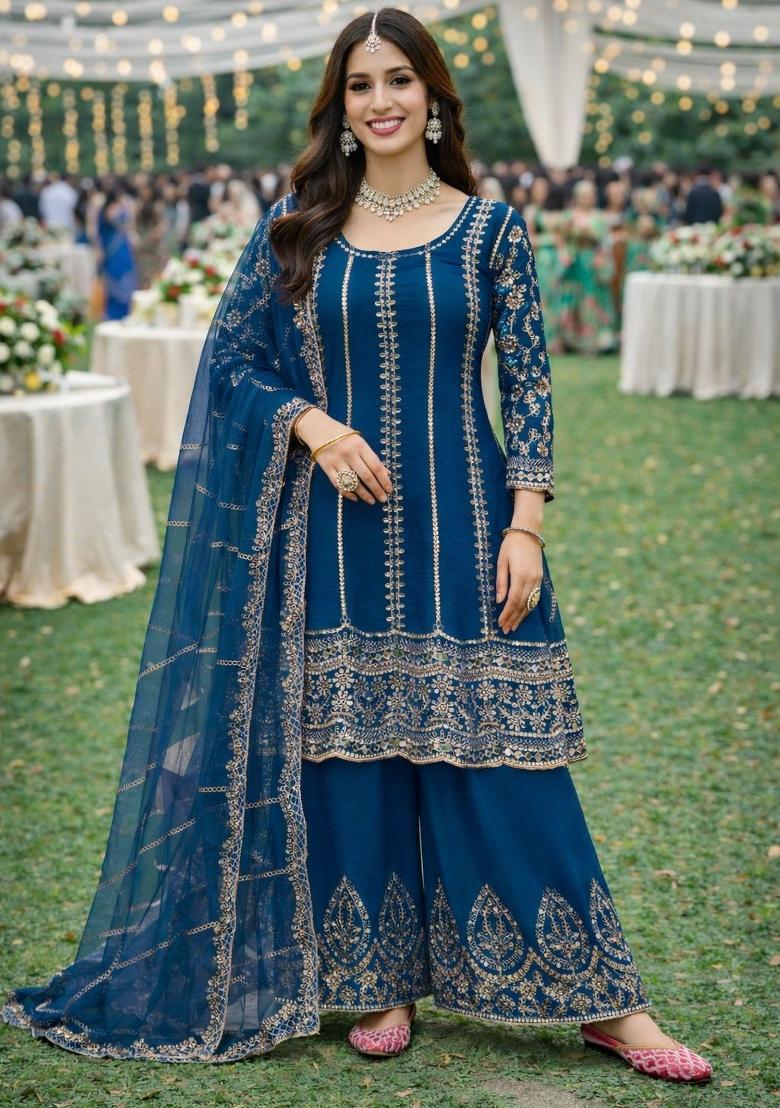 Blue Embroidered Chinon Kurta Set - Indya