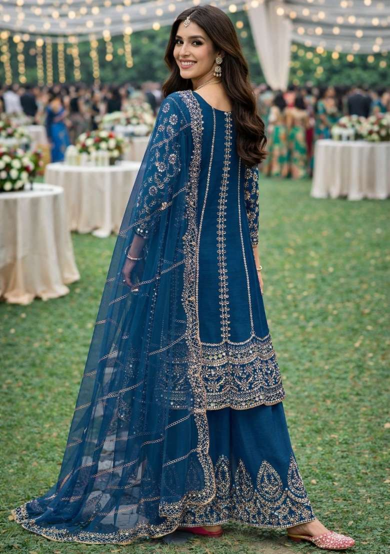 Blue Embroidered Chinon Kurta Set - Indya