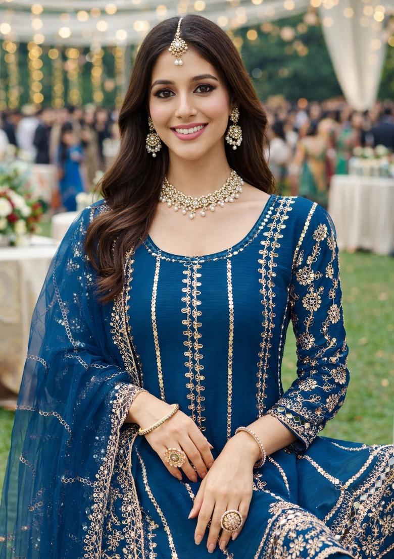 Blue Embroidered Chinon Kurta Set - Indya