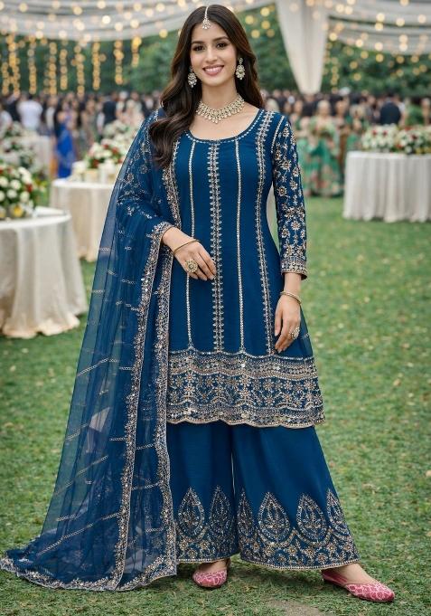 Blue Embroidered Chinon Kurta Set