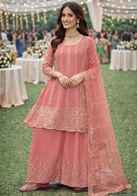 Peach Embroidered Chinon Kurta Set