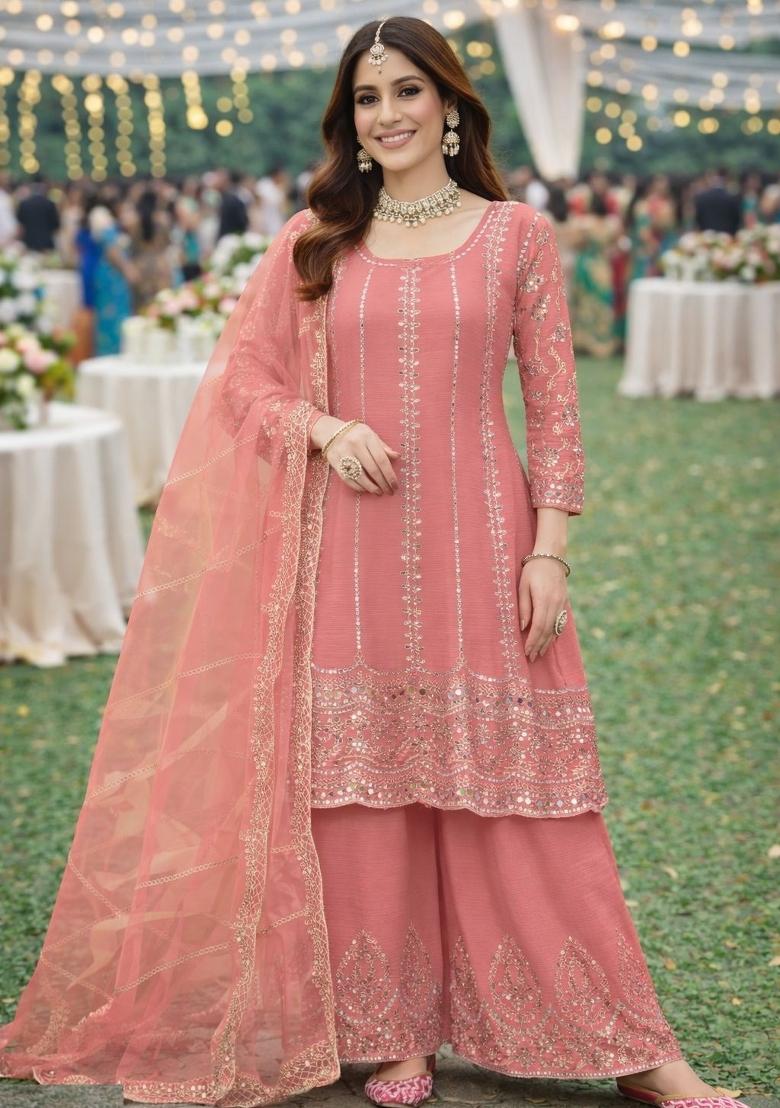 Peach Embroidered Chinon Kurta Set - Indya