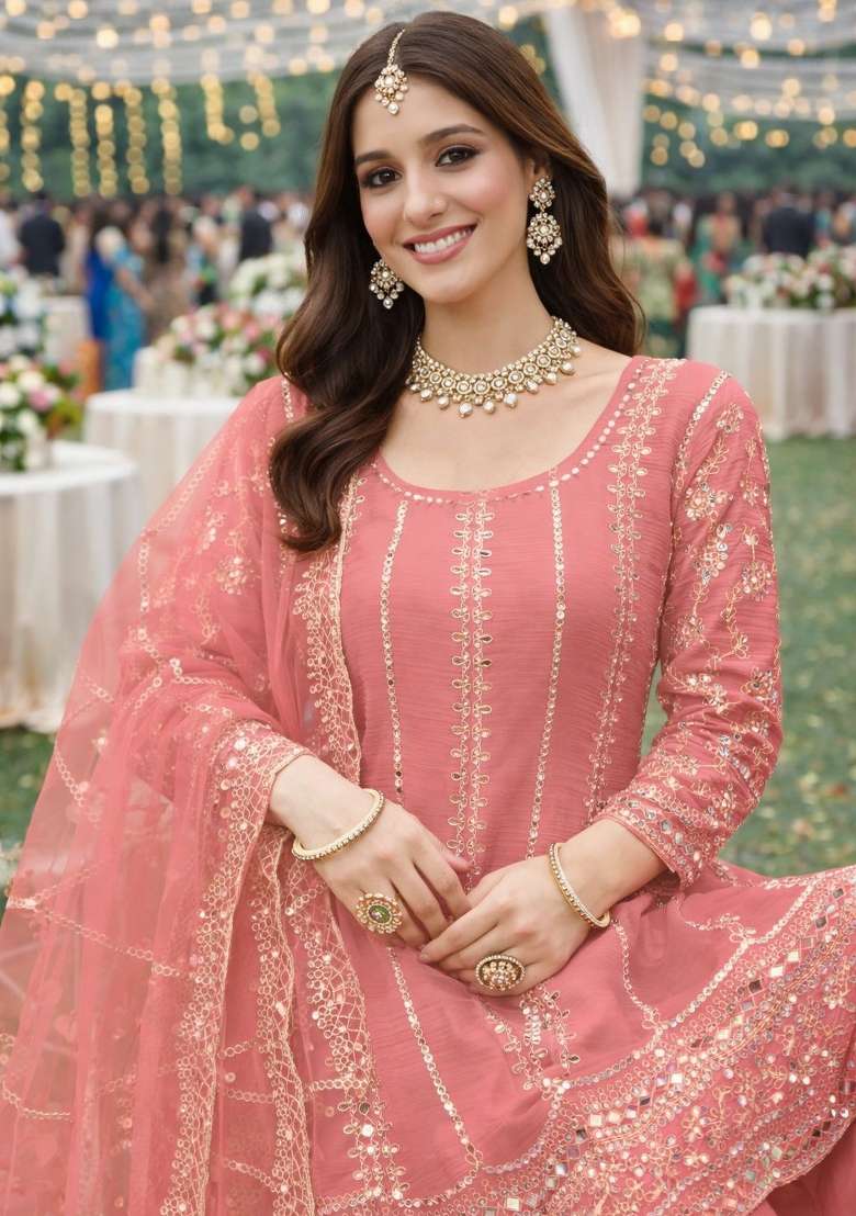 Peach Embroidered Chinon Kurta Set - Indya