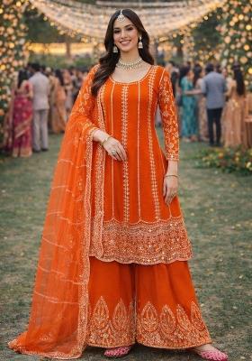 Orange Embroidered Chinon Kurta Set