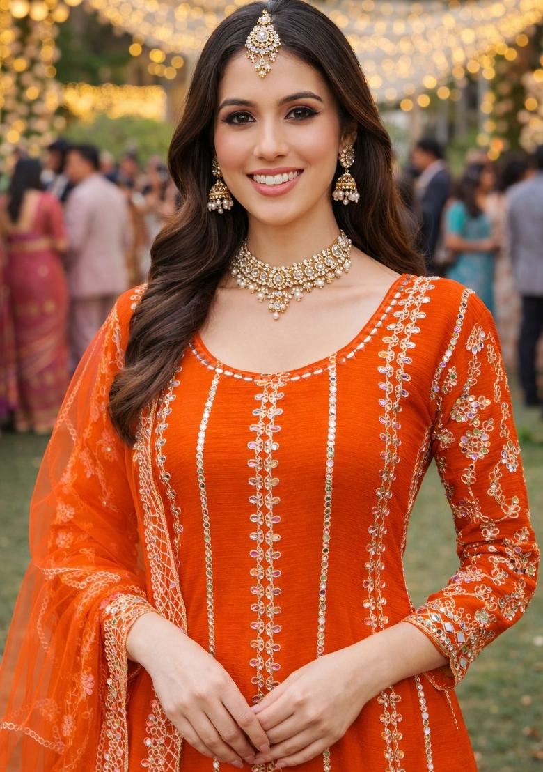 Orange Embroidered Chinon Kurta Set - Indya
