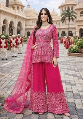 Rani Pink Embroidered Chinon Kurta Set