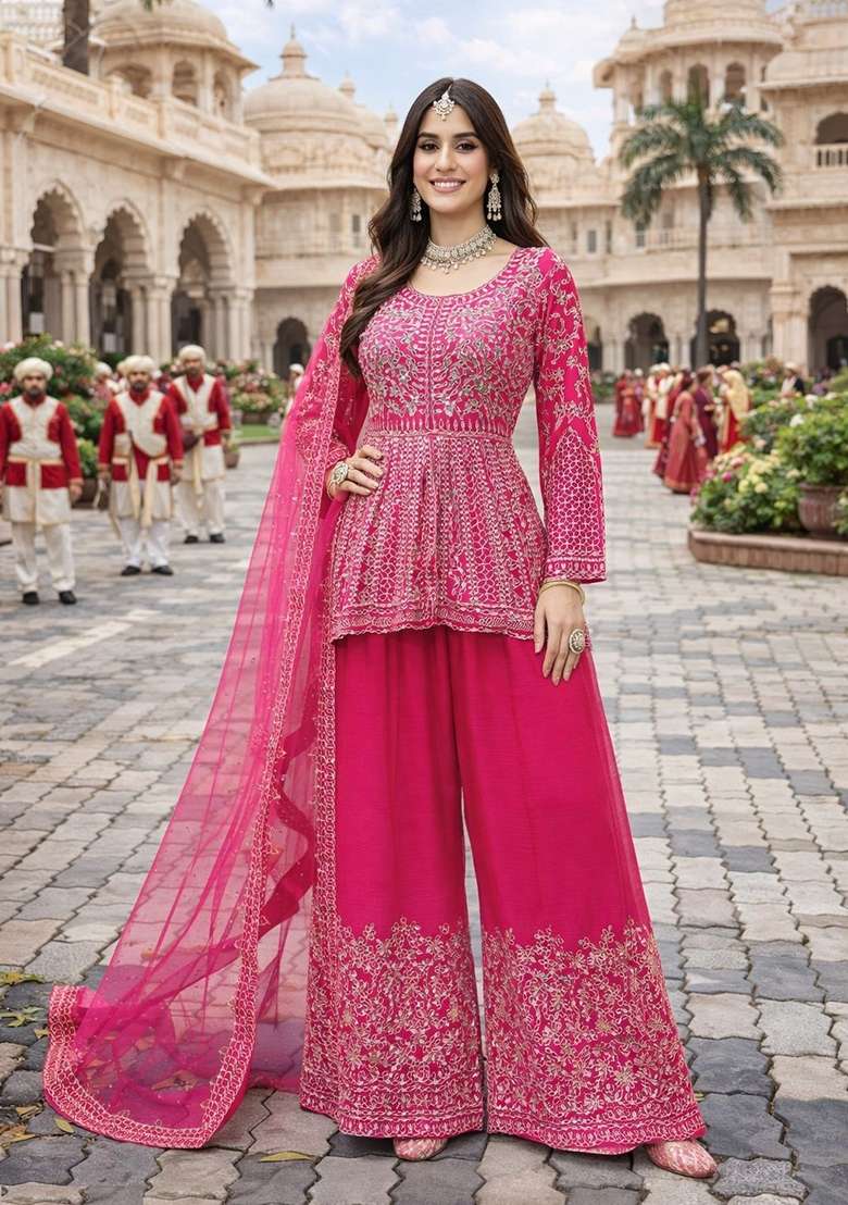 Rani Pink Embroidered Chinon Kurta Set - Indya