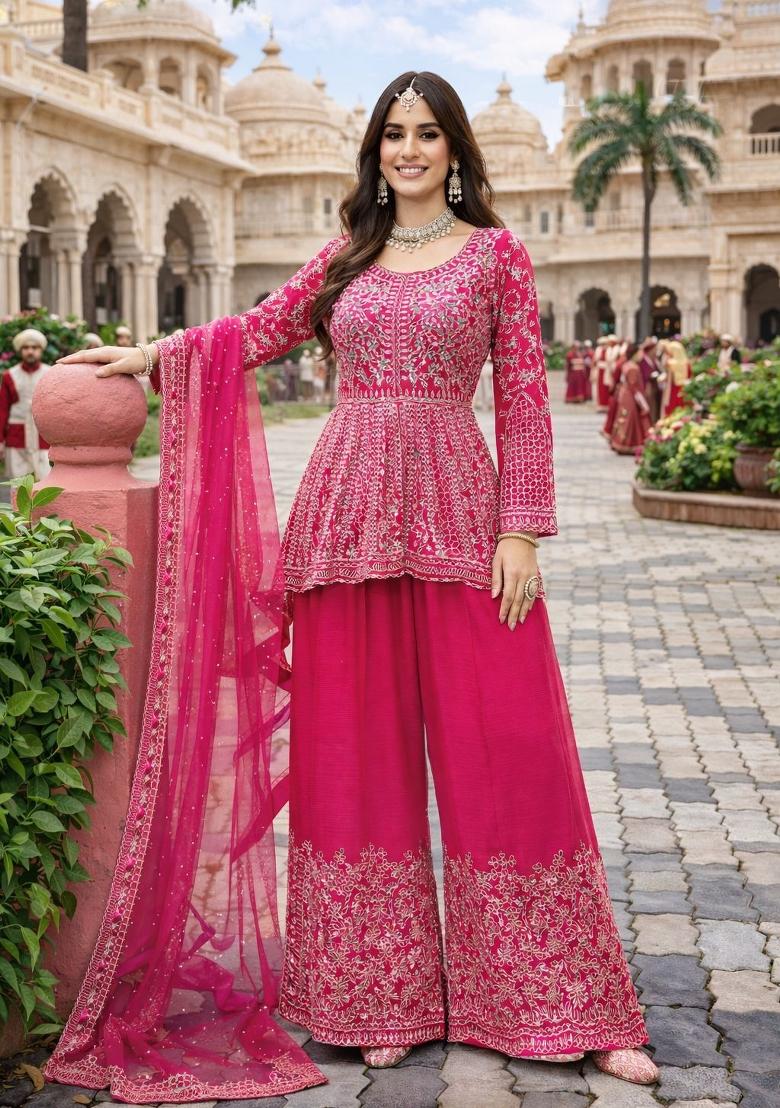 Rani Pink Embroidered Chinon Kurta Set - Indya