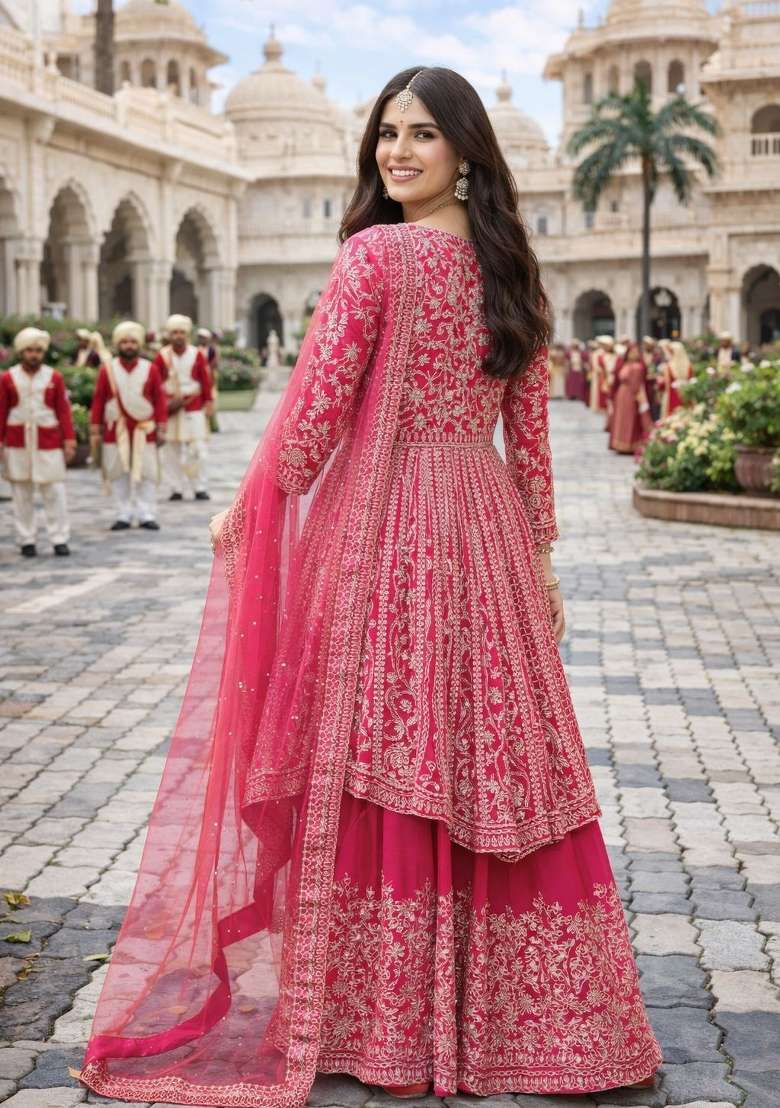 Rani Pink Embroidered Chinon Kurta Set - Indya