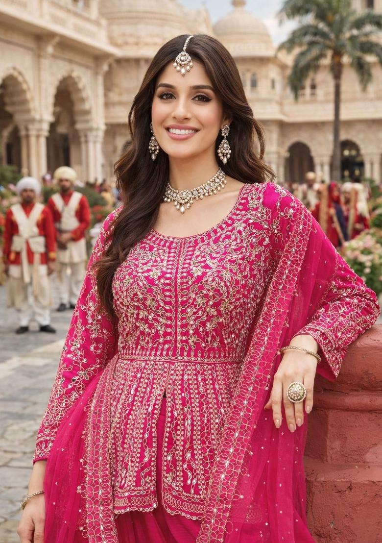 Rani Pink Embroidered Chinon Kurta Set - Indya