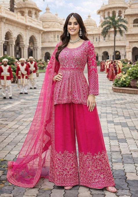 Rani Pink Embroidered Chinon Kurta Set