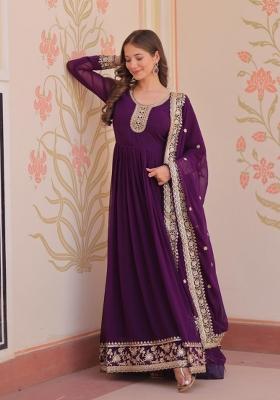 Purple Embroidered Georgette Anarkali Set