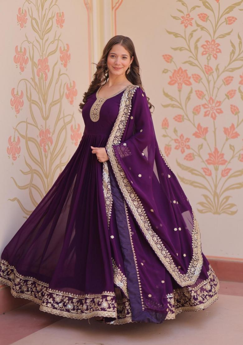 Purple Embroidered Georgette Anarkali Set - Indya