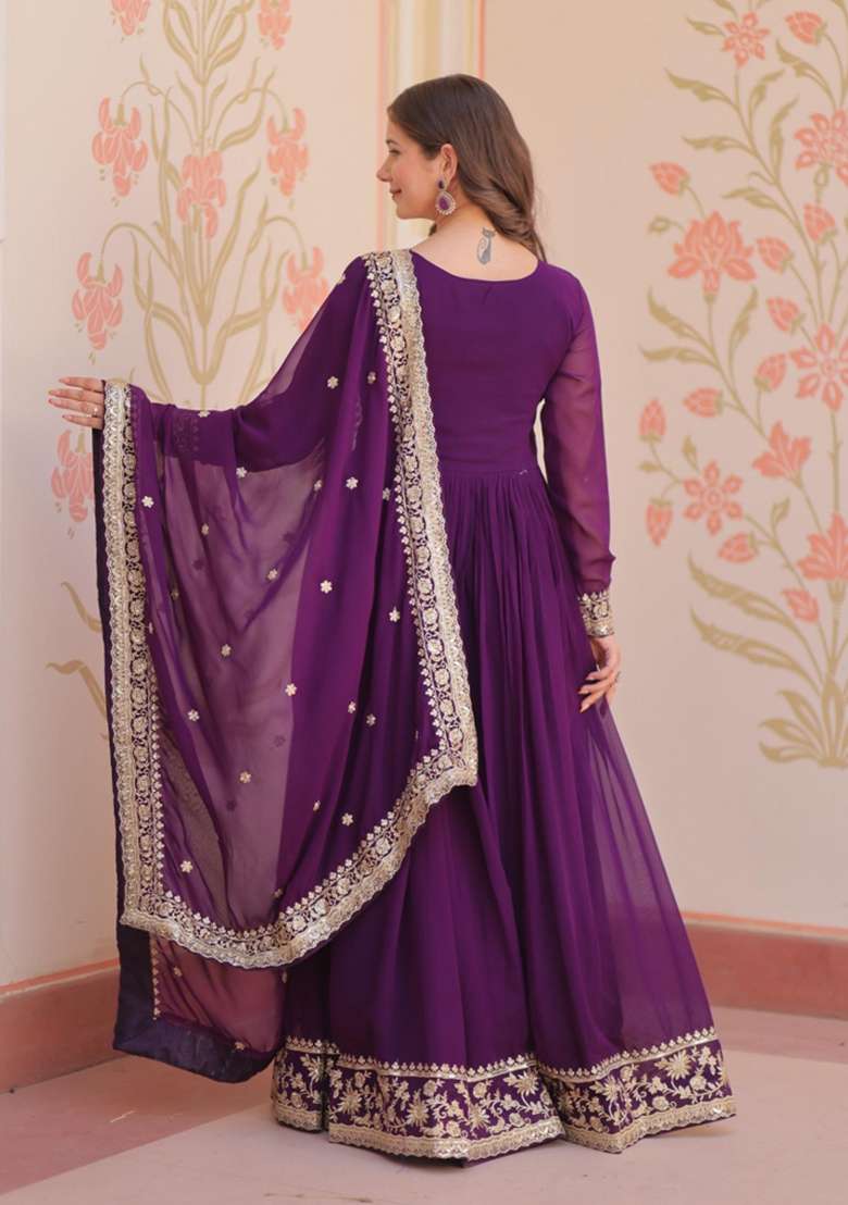 Purple Embroidered Georgette Anarkali Set - Indya