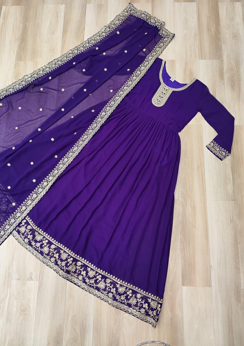 Purple Embroidered Georgette Anarkali Set - Indya