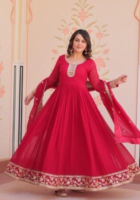 Red Embroidered Georgette Anarkali Set