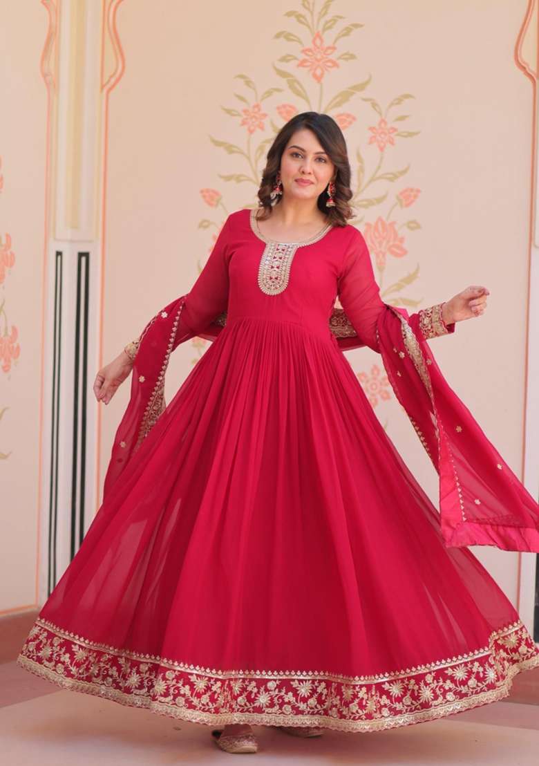 Red Embroidered Georgette Anarkali Set - Indya