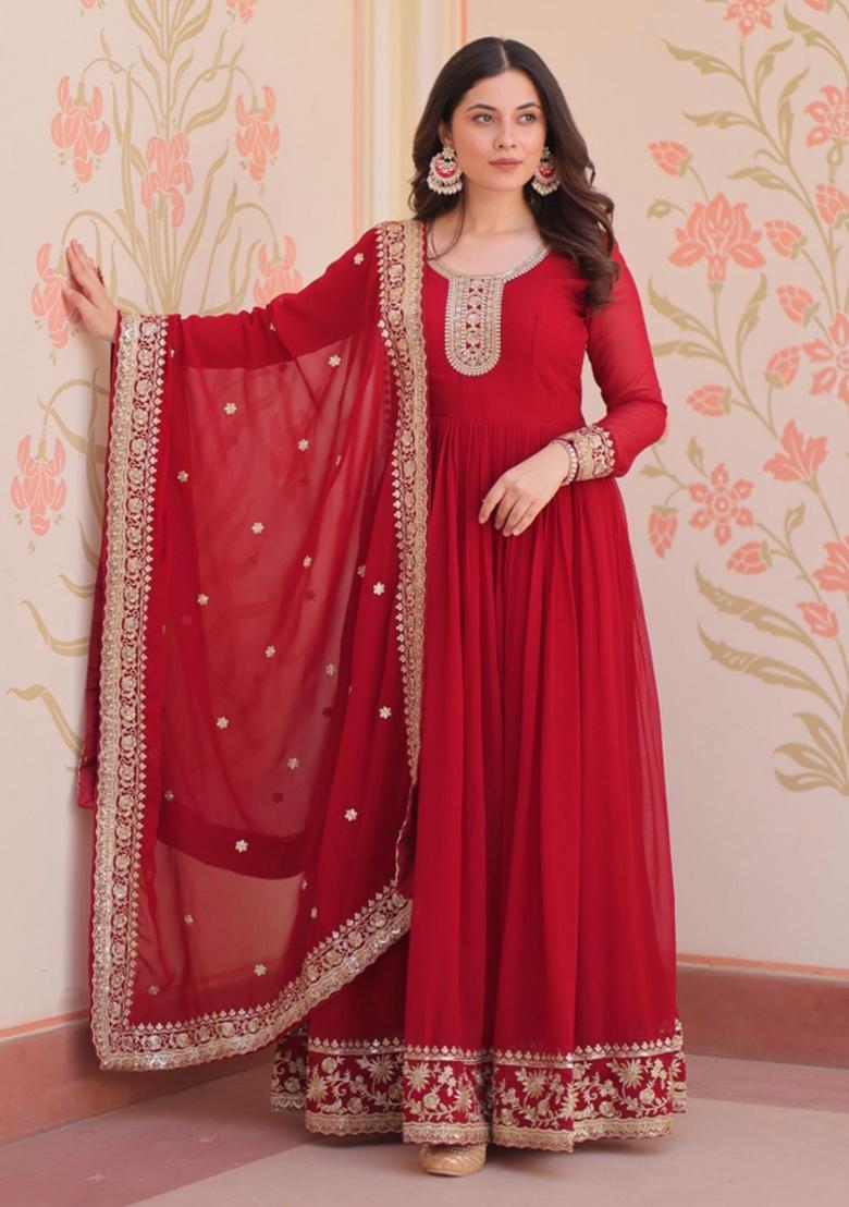 Red Embroidered Georgette Anarkali Set - Indya