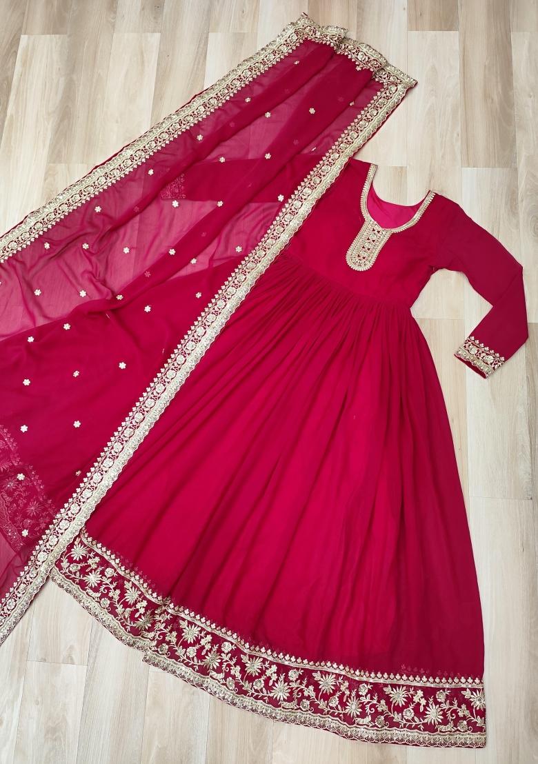 Red Embroidered Georgette Anarkali Set - Indya