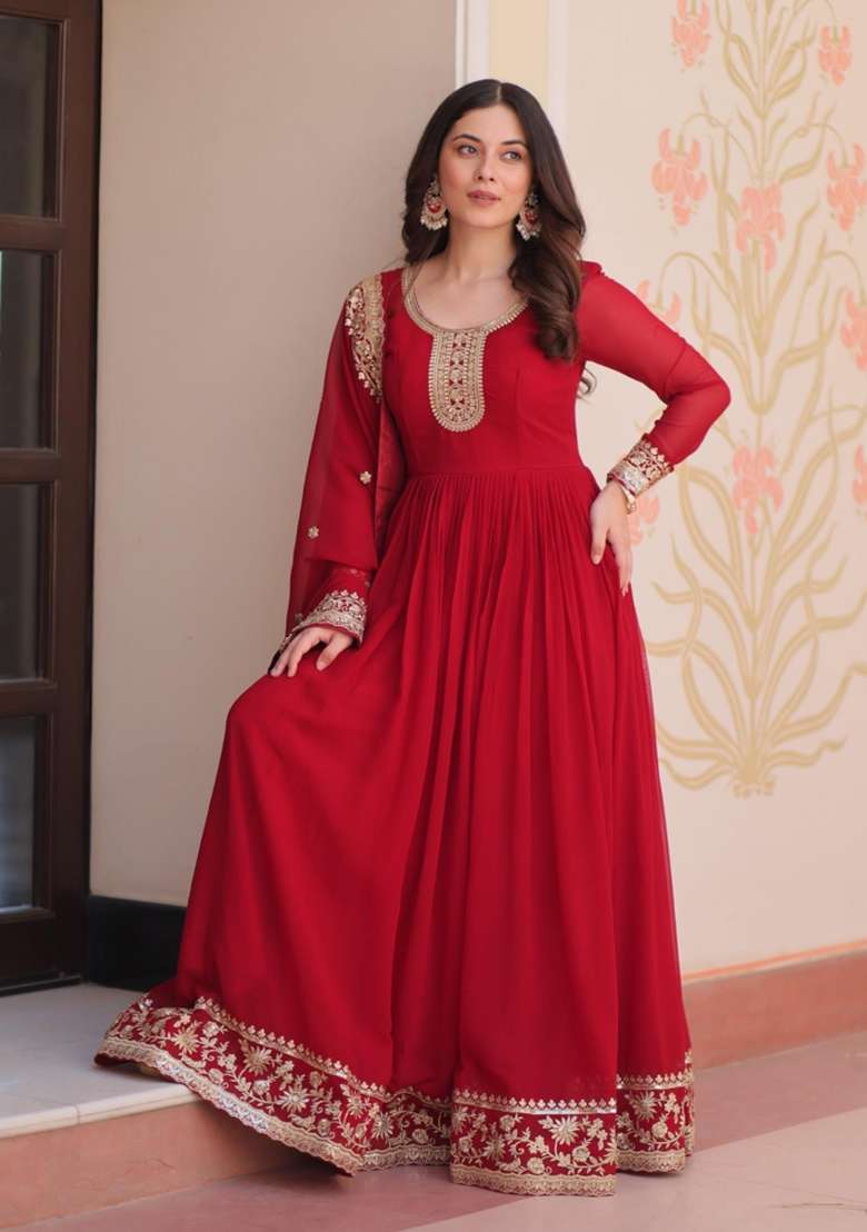 Pink Embroidered Georgette Anarkali Set - Indya