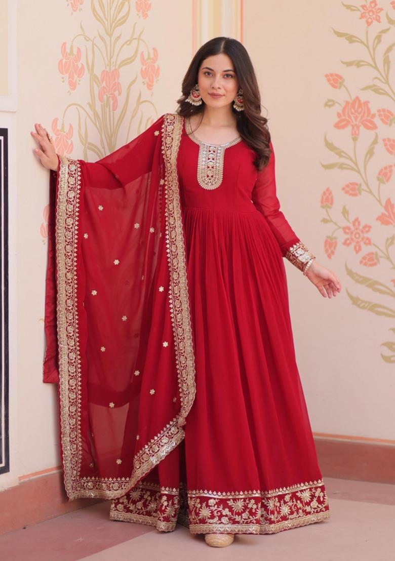 Pink Embroidered Georgette Anarkali Set - Indya