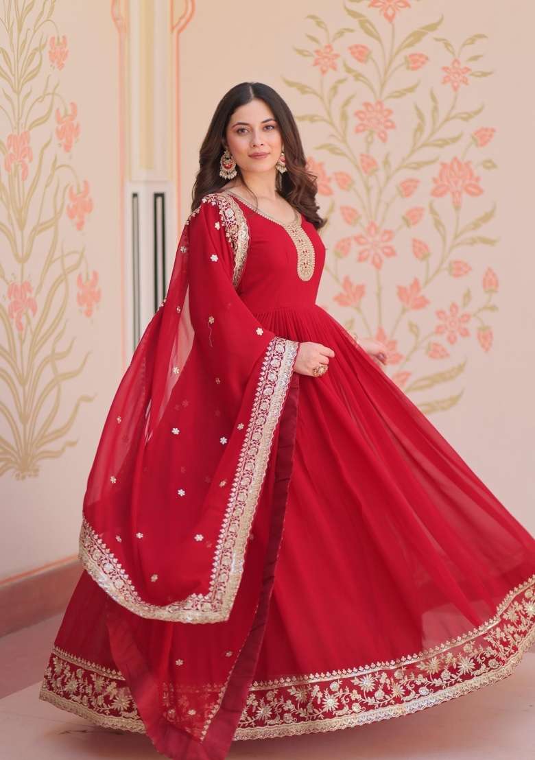 Pink Embroidered Georgette Anarkali Set - Indya