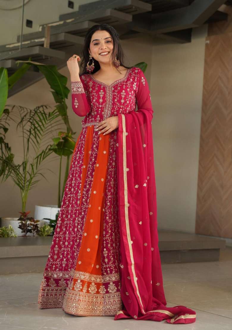 Rani Pink Embroidered Georgette Anarkali Set - Indya