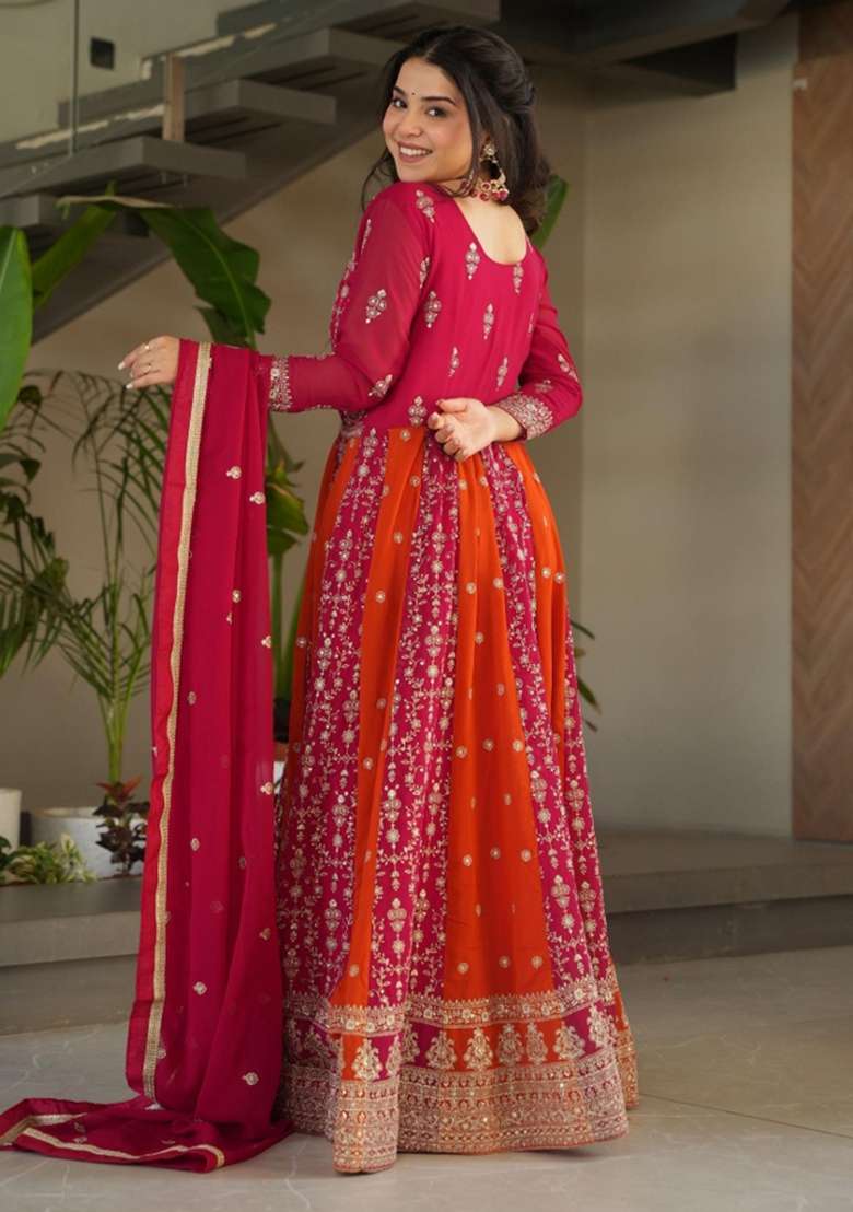 Rani Pink Embroidered Georgette Anarkali Set - Indya