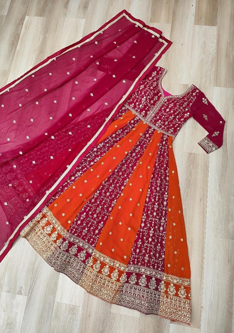 Rani Pink Embroidered Georgette Anarkali Set - Indya