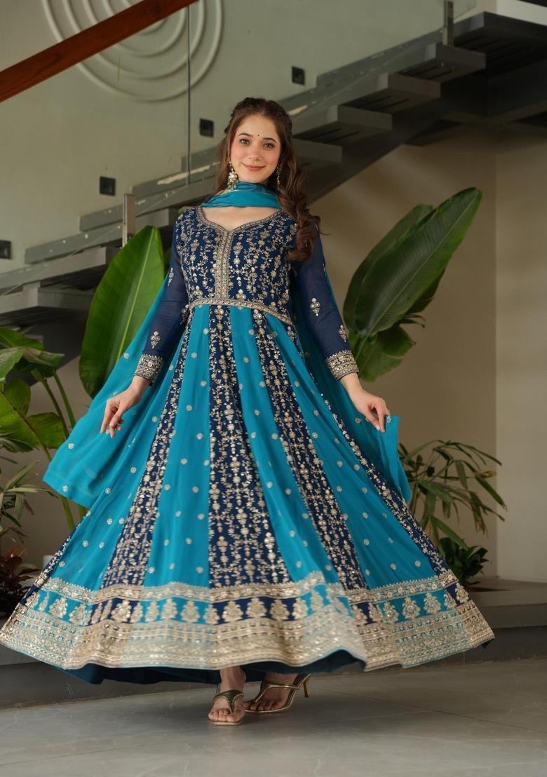Blue Embroidered Georgette Anarkali Set - Indya