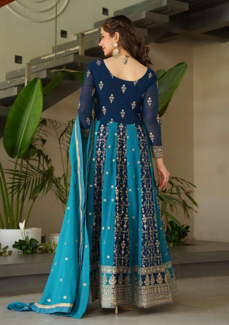 Blue Embroidered Georgette Anarkali Set - Indya