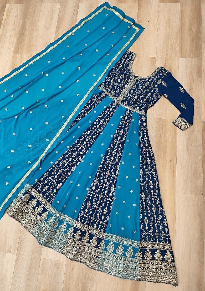 Blue Embroidered Georgette Anarkali Set - Indya