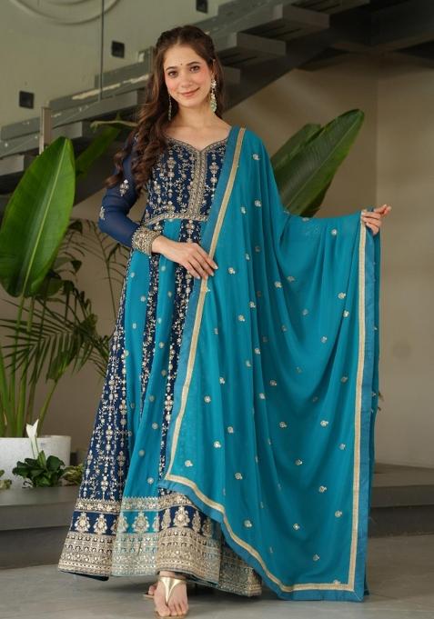 Blue Embroidered Georgette Anarkali Set