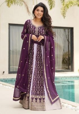Purple Embroidered Georgette Anarkali Set